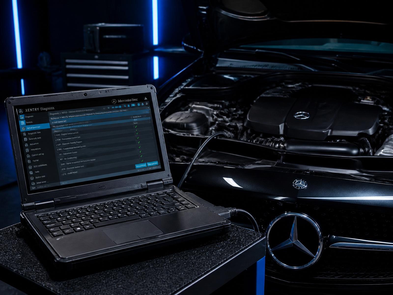 Диагностический ноутбук, подключённый к Mercedes-Benz